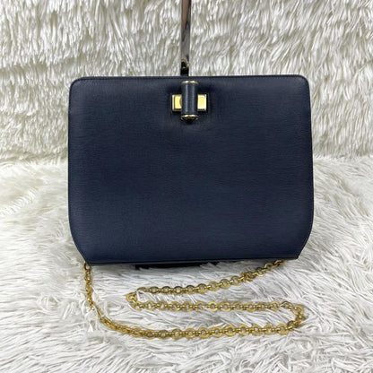 Salvatore Ferragamo Shoulder Bag Purse Chain Leather Navy Authentic