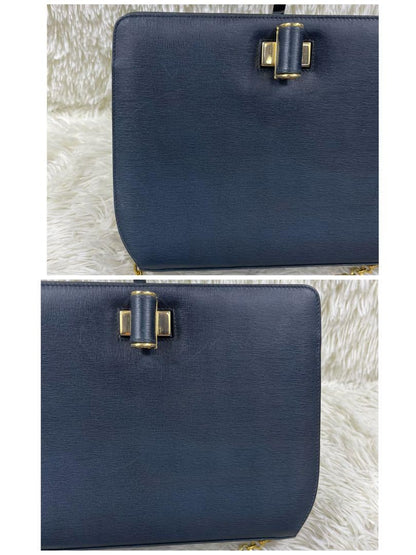 Salvatore Ferragamo Shoulder Bag Purse Chain Leather Navy Authentic