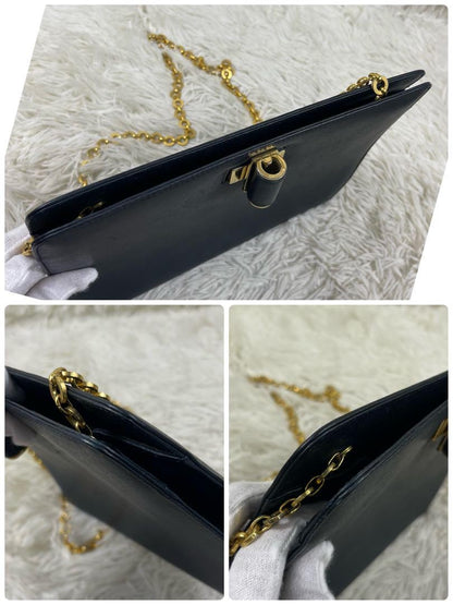 Salvatore Ferragamo Shoulder Bag Purse Chain Leather Navy Authentic
