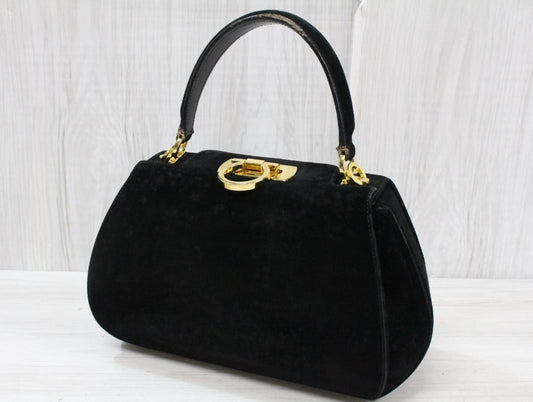 Salvatore Ferragamo Shoulder Bag Purse Gancini Suede Black Authentic