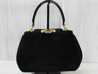 Salvatore Ferragamo Shoulder Bag Purse Gancini Suede Black Authentic