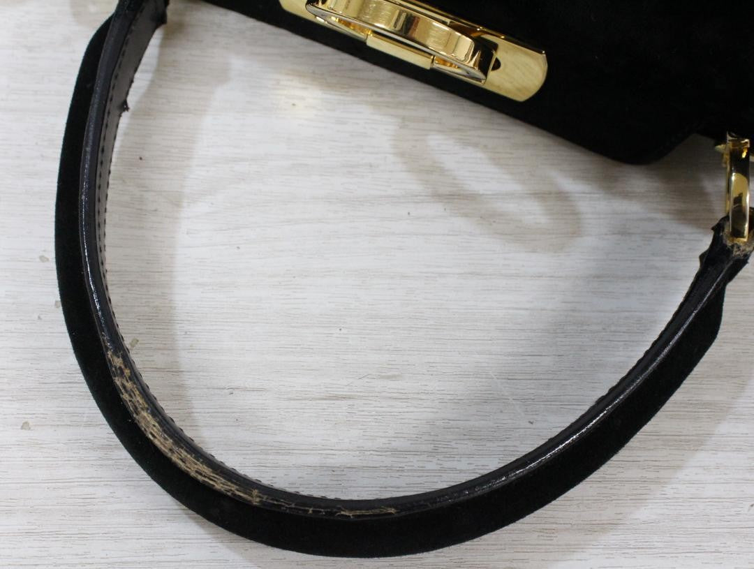 Salvatore Ferragamo Shoulder Bag Purse Gancini Suede Black Authentic