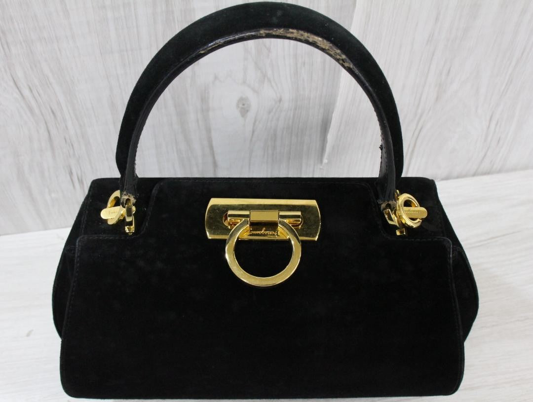 Salvatore Ferragamo Shoulder Bag Purse Gancini Suede Black Authentic