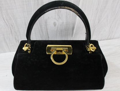 Salvatore Ferragamo Shoulder Bag Purse Gancini Suede Black Authentic