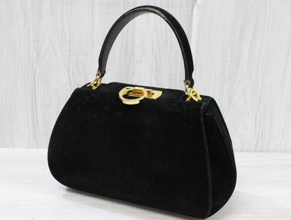 Salvatore Ferragamo Shoulder Bag Purse Gancini Suede Black Authentic