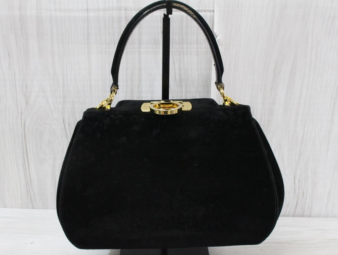 Salvatore Ferragamo Shoulder Bag Purse Gancini Suede Black Authentic