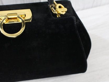Salvatore Ferragamo Shoulder Bag Purse Gancini Suede Black Authentic