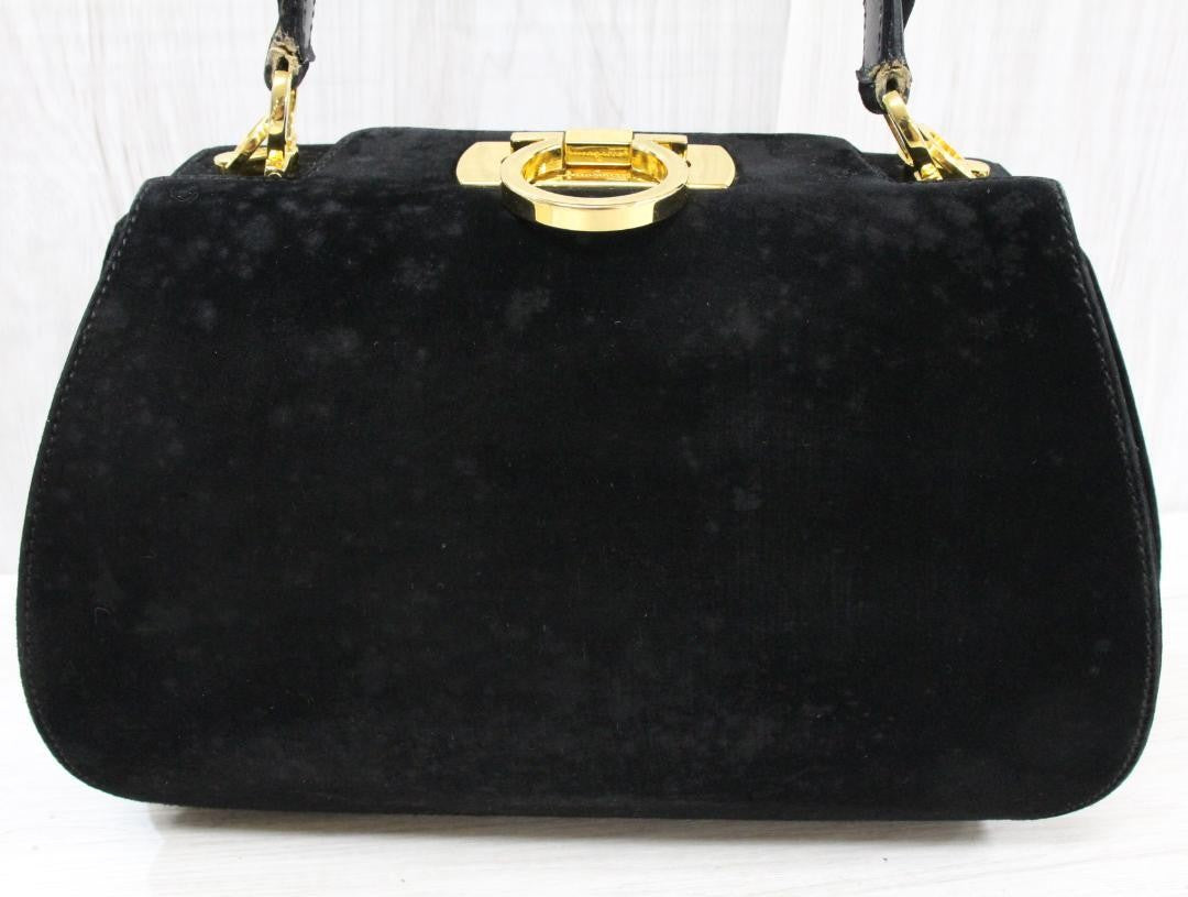 Salvatore Ferragamo Shoulder Bag Purse Gancini Suede Black Authentic