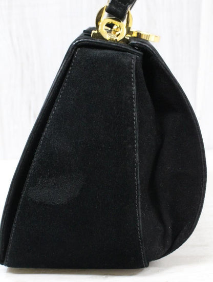 Salvatore Ferragamo Shoulder Bag Purse Gancini Suede Black Authentic