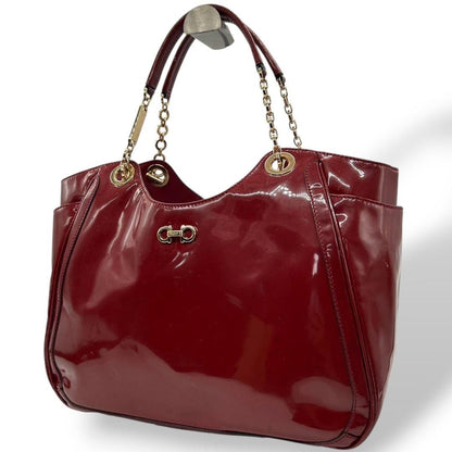 Salvatore Ferragamo Hand Bag Tote Purse Gancini Patent Leather Red Authentic