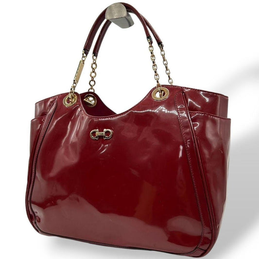 Salvatore Ferragamo Hand Bag Tote Purse Gancini Patent Leather Red Authentic