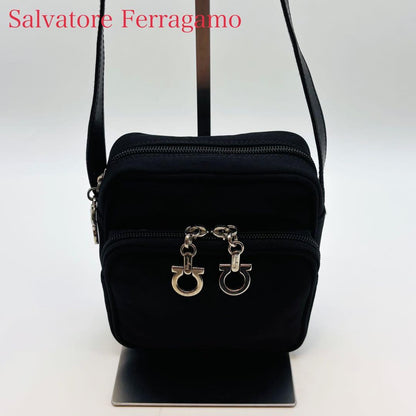 Salvatore Ferragamo Shoulder Bag Purse Gancini Canvas Leather Black Authentic