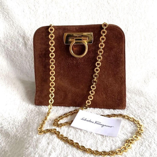 Salvatore Ferragamo Shoulder Bag Purse Gancini Chain Suede Brown Authentic