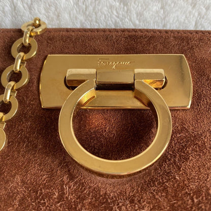 Salvatore Ferragamo Shoulder Bag Purse Gancini Chain Suede Brown Authentic