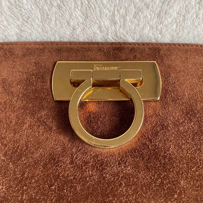 Salvatore Ferragamo Shoulder Bag Purse Gancini Chain Suede Brown Authentic
