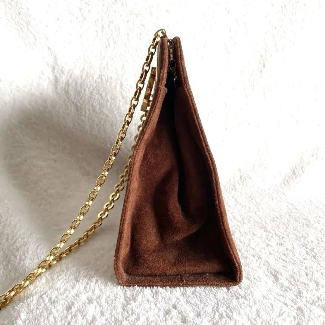 Salvatore Ferragamo Shoulder Bag Purse Gancini Chain Suede Brown Authentic