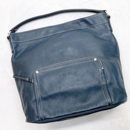 Longchamp Shoulder Bag Purse Leather Navy Authentic
