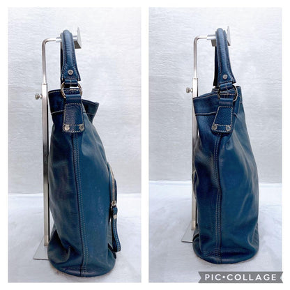 Longchamp Shoulder Bag Purse Leather Navy Authentic