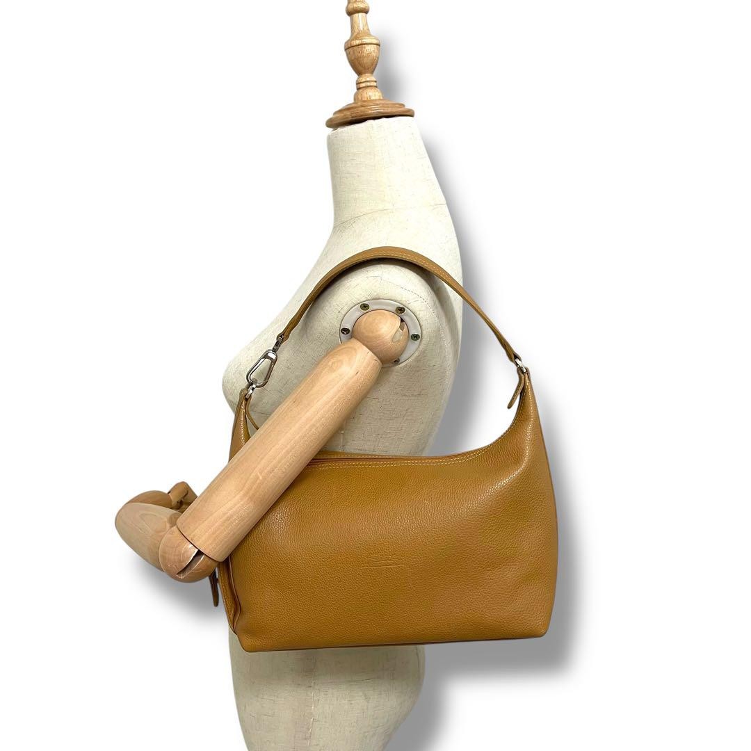Longchamp Shoulder Bag Purse Leather Camel Brown Authentic