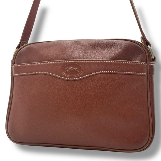 Longchamp Shoulder Bag Purse Leather Brown Authentic