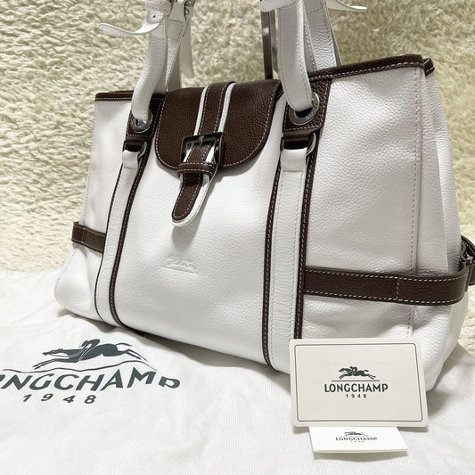 Longchamp Hand Bag Tote Purse Leather White Brown Authentic