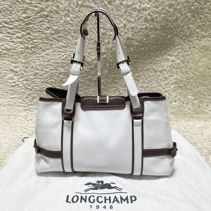 Longchamp Hand Bag Tote Purse Leather White Brown Authentic
