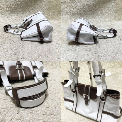 Longchamp Hand Bag Tote Purse Leather White Brown Authentic