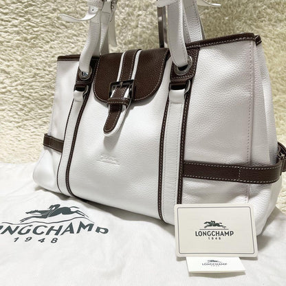 Longchamp Hand Bag Tote Purse Leather White Brown Authentic