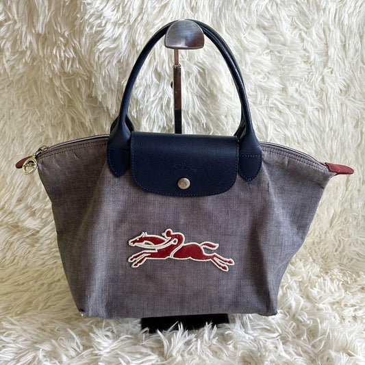 Longchamp Hand Bag Tote Purse Le Pliage Leather Denim Canvas Blue Authentic