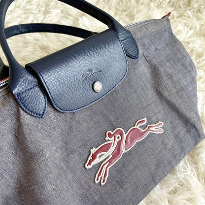 Longchamp Hand Bag Tote Purse Le Pliage Leather Denim Canvas Blue Authentic
