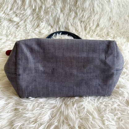 Longchamp Hand Bag Tote Purse Le Pliage Leather Denim Canvas Blue Authentic