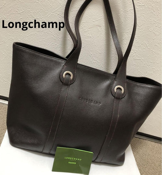 Longchamp Hand Bag Tote Purse Leather Dark Brown Authentic