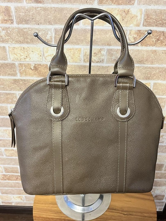 Longchamp Hand Bag Tote Purse Leather Mocha Brown Greige Authentic