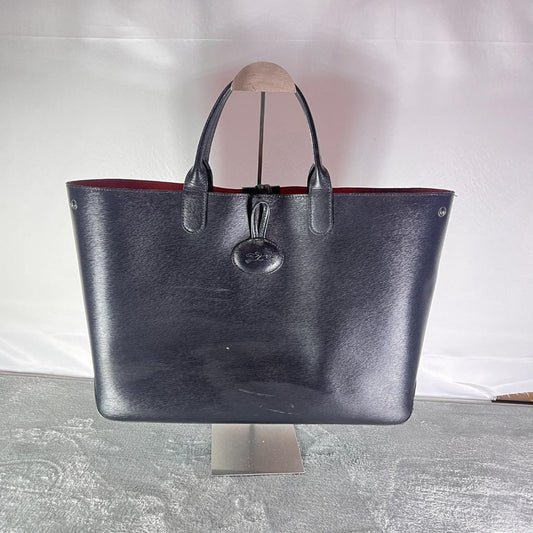 Longchamp Hand Bag Tote Purse Leather Black Red Authentic