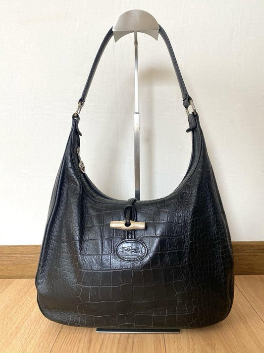 Longchamp Shoulder Bag Purse Leather Black Authentic