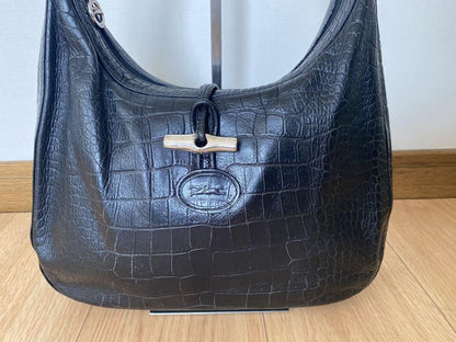 Longchamp Shoulder Bag Purse Leather Black Authentic
