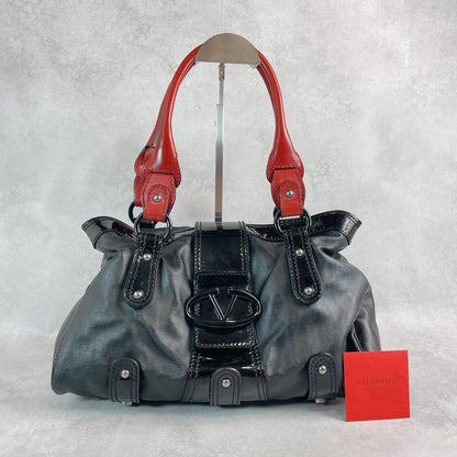 Valentino Garavani Hand Bag Tote Purse Logo PVC Leather Black Red Authentic