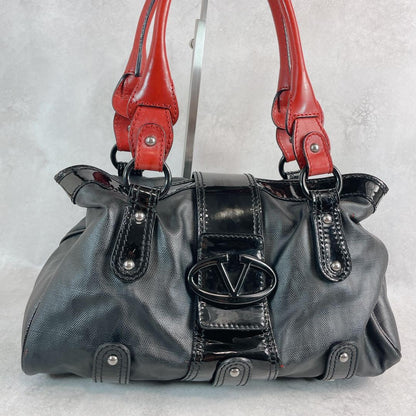 Valentino Garavani Hand Bag Tote Purse Logo PVC Leather Black Red Authentic