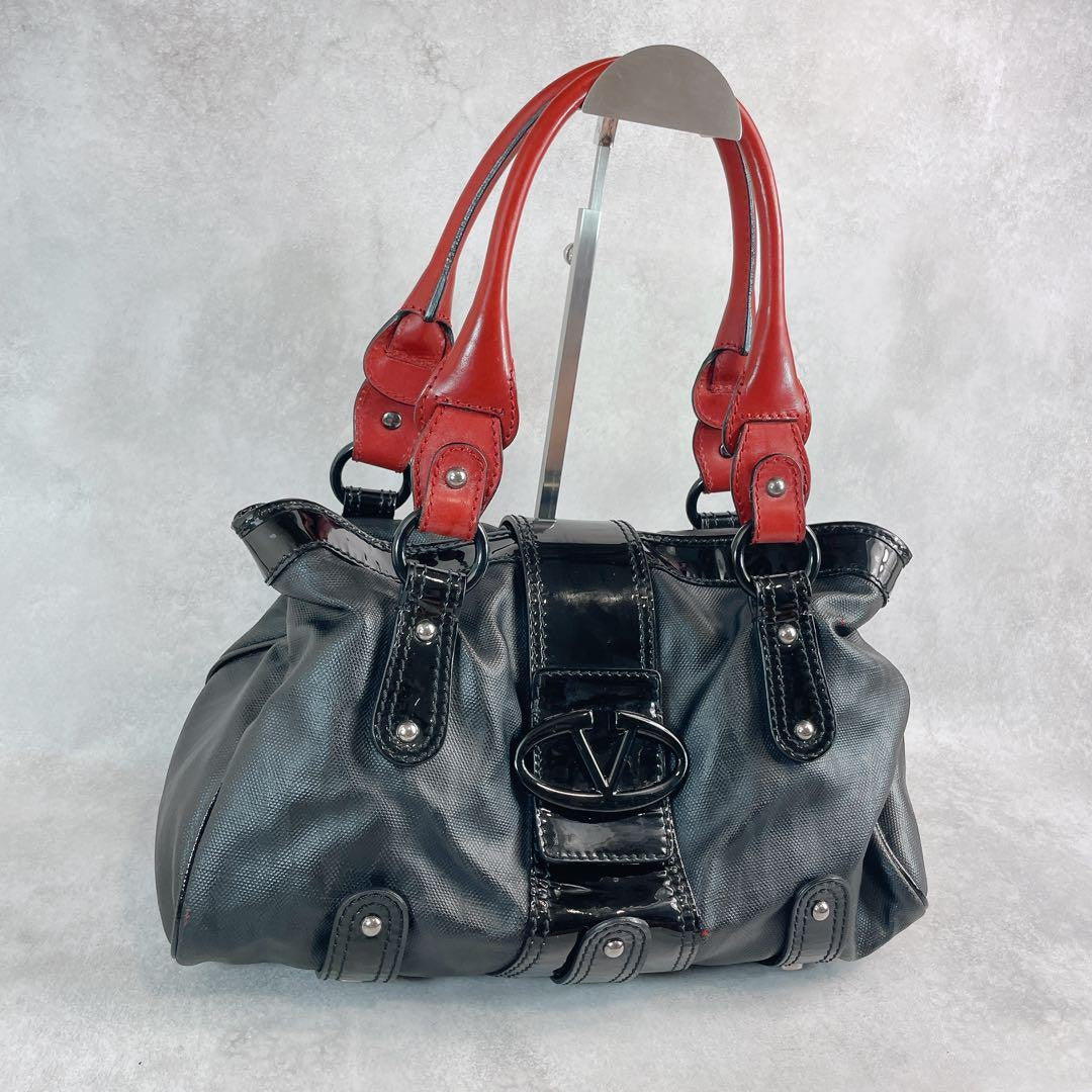 Valentino Garavani Hand Bag Tote Purse Logo PVC Leather Black Red Authentic