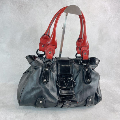 Valentino Garavani Hand Bag Tote Purse Logo PVC Leather Black Red Authentic
