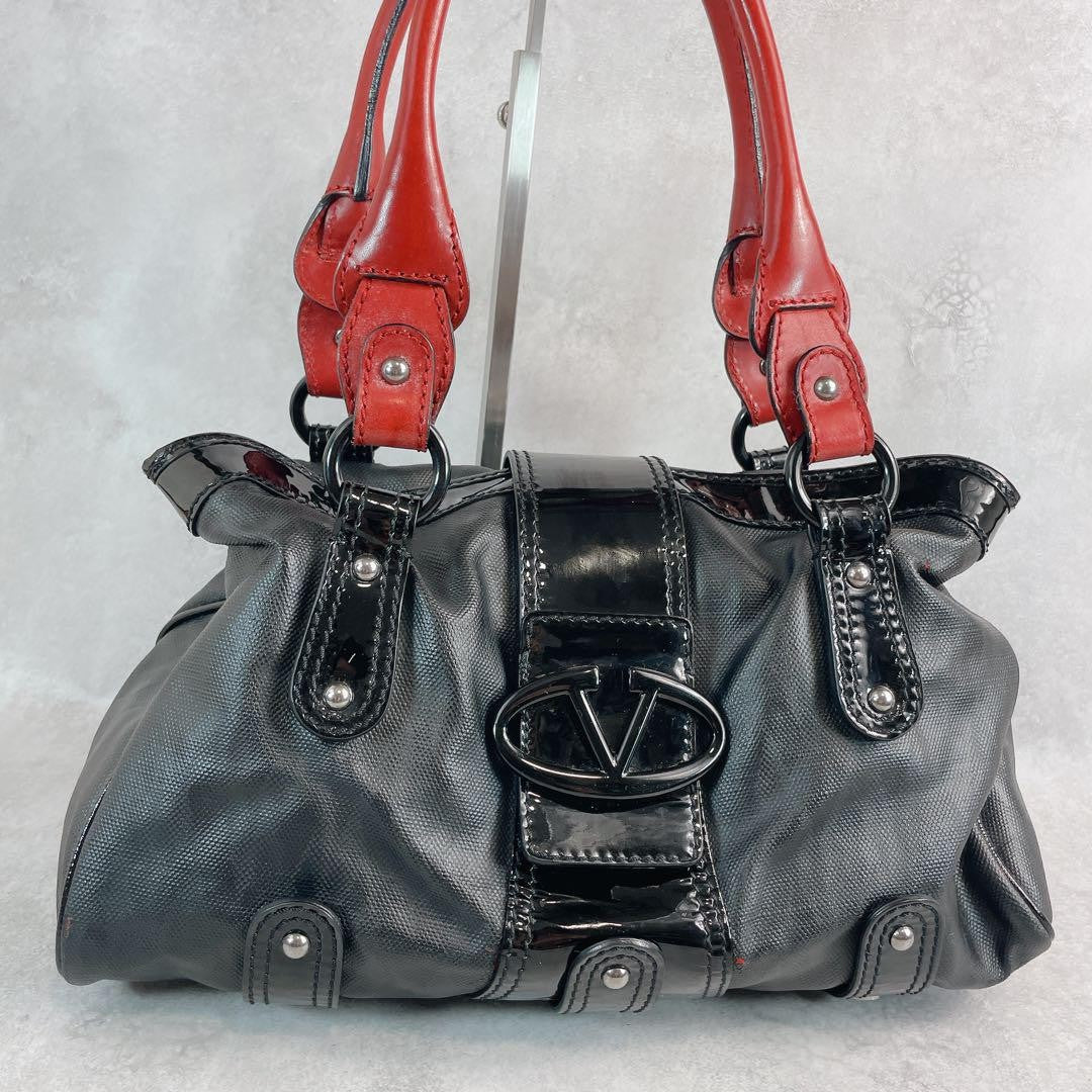 Valentino Garavani Hand Bag Tote Purse Logo PVC Leather Black Red Authentic