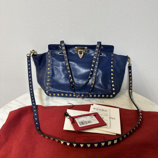 Valentino Hand Bag Tote Purse Rockstuds Leather Navy Authentic