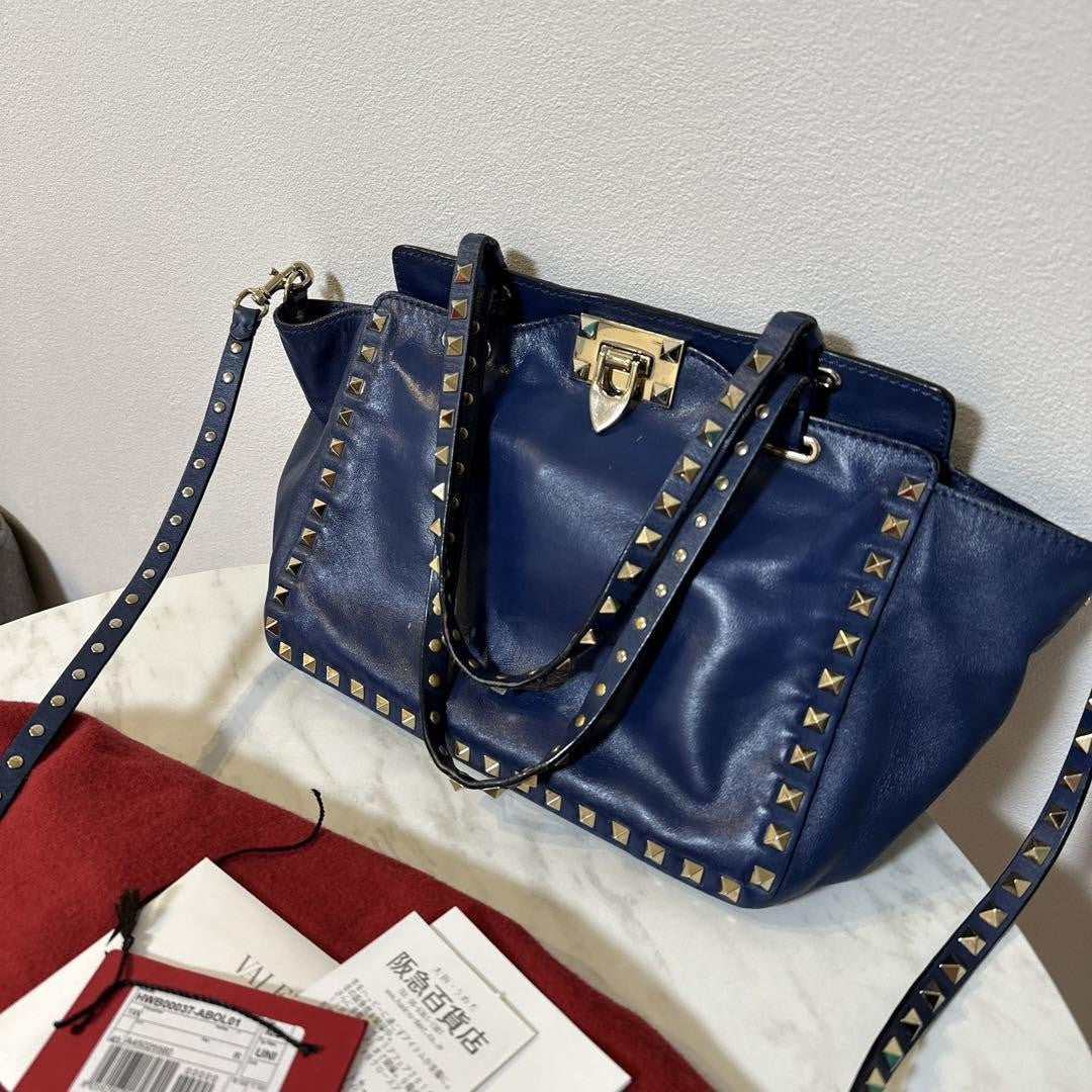 Valentino Hand Bag Tote Purse Rockstuds Leather Navy Authentic