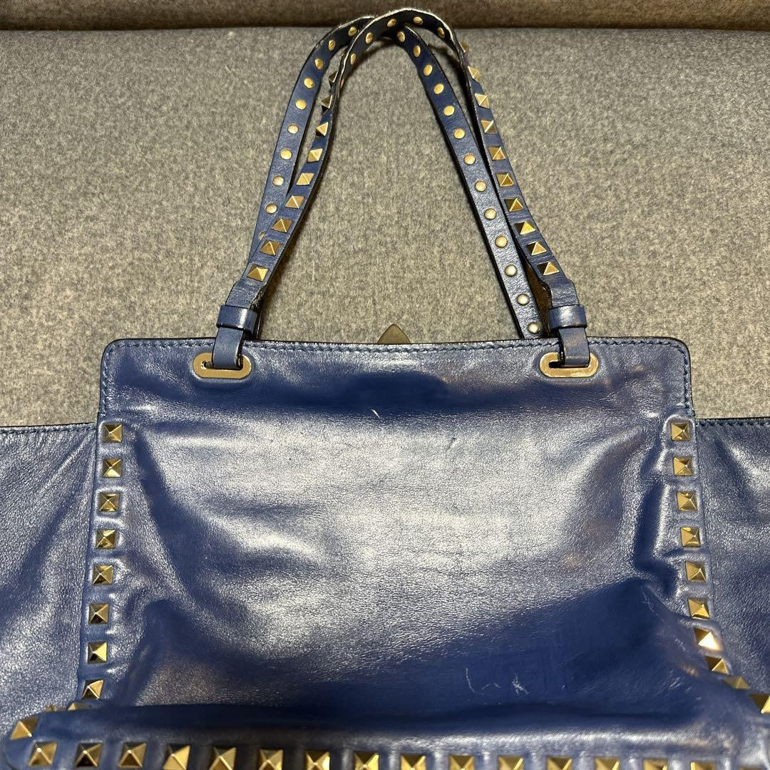 Valentino Hand Bag Tote Purse Rockstuds Leather Navy Authentic