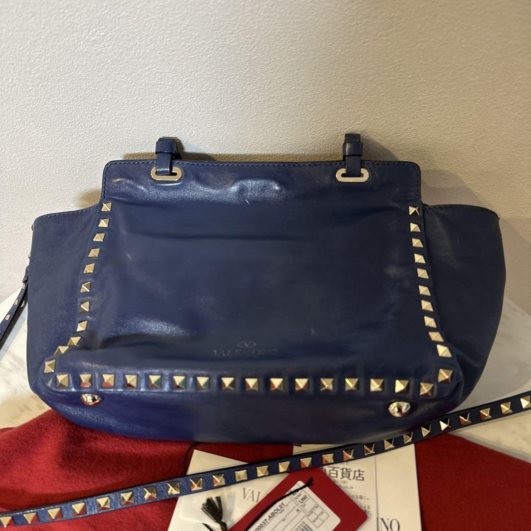 Valentino Hand Bag Tote Purse Rockstuds Leather Navy Authentic