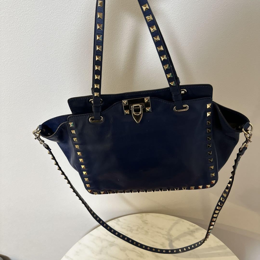 Valentino Hand Bag Tote Purse Rockstuds Leather Navy Authentic