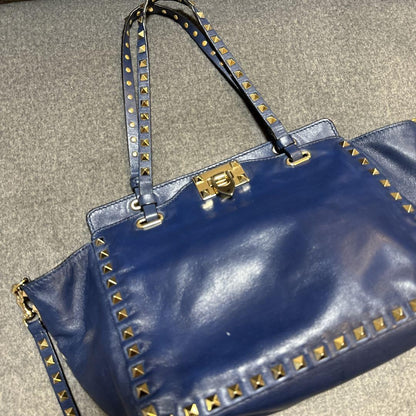Valentino Hand Bag Tote Purse Rockstuds Leather Navy Authentic
