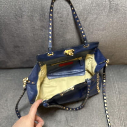 Valentino Hand Bag Tote Purse Rockstuds Leather Navy Authentic
