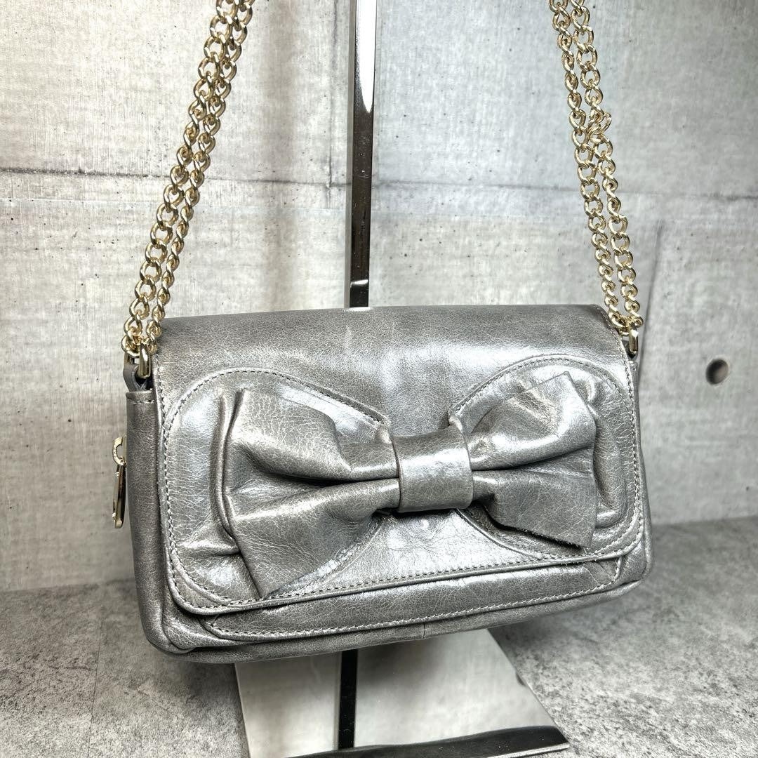 Red Valentino Shoulder Bag Purse Chain Ribbon Leather Authentic