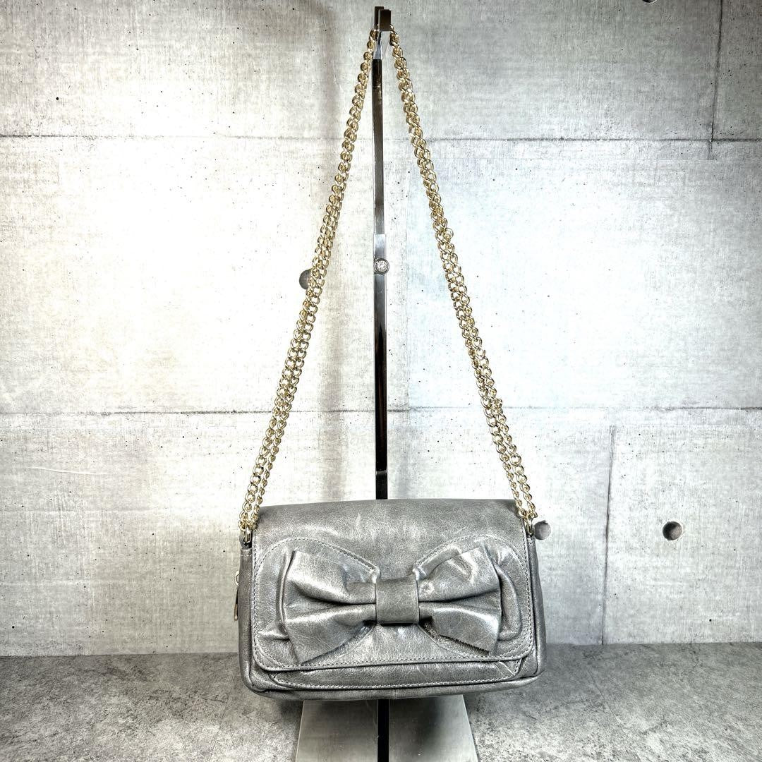 Red Valentino Shoulder Bag Purse Chain Ribbon Leather Authentic